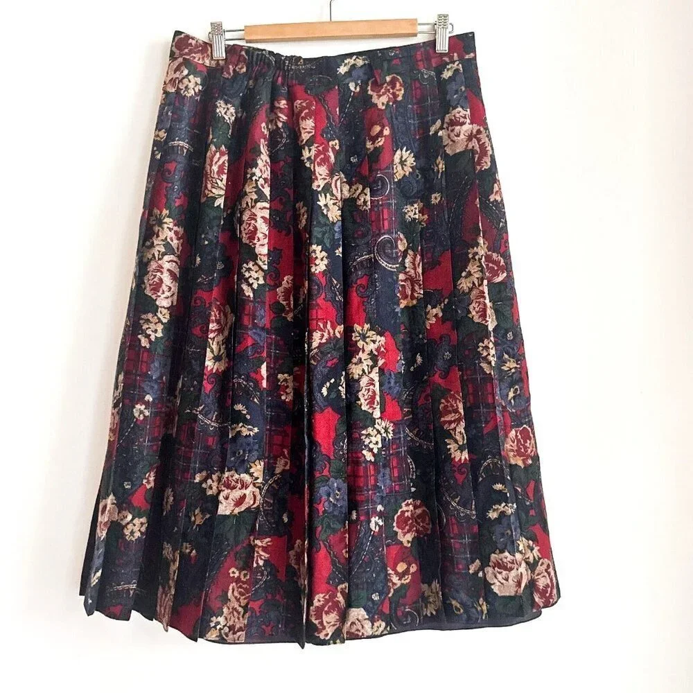 Vintage Hammer Floral Paisley Print Pleated Midi Skirt Wool L
